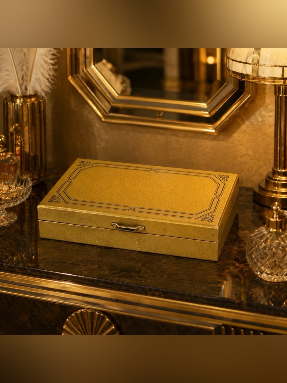 Fine Vintage Original Art Jewelry Dresser Box Gold Velvet JAPAN Made Antique Men